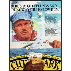 1981 Cutty Sark Scotch Ted Turner Vintage Print Ad America's Cup Sailing Art